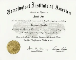 GIA Graduate Pearls Diploma awarded to Sarah Atif of Veluna Pearls, demonstrating expert-level pearl knowledge.