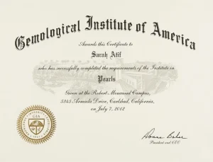 GIA Pearls Certificate of completion for Sarah Atif, founder of Veluna Pearls.